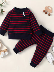 Diagonal Street Ribbed Collar Long Sleeved Top Baby Boy's 2pc Set