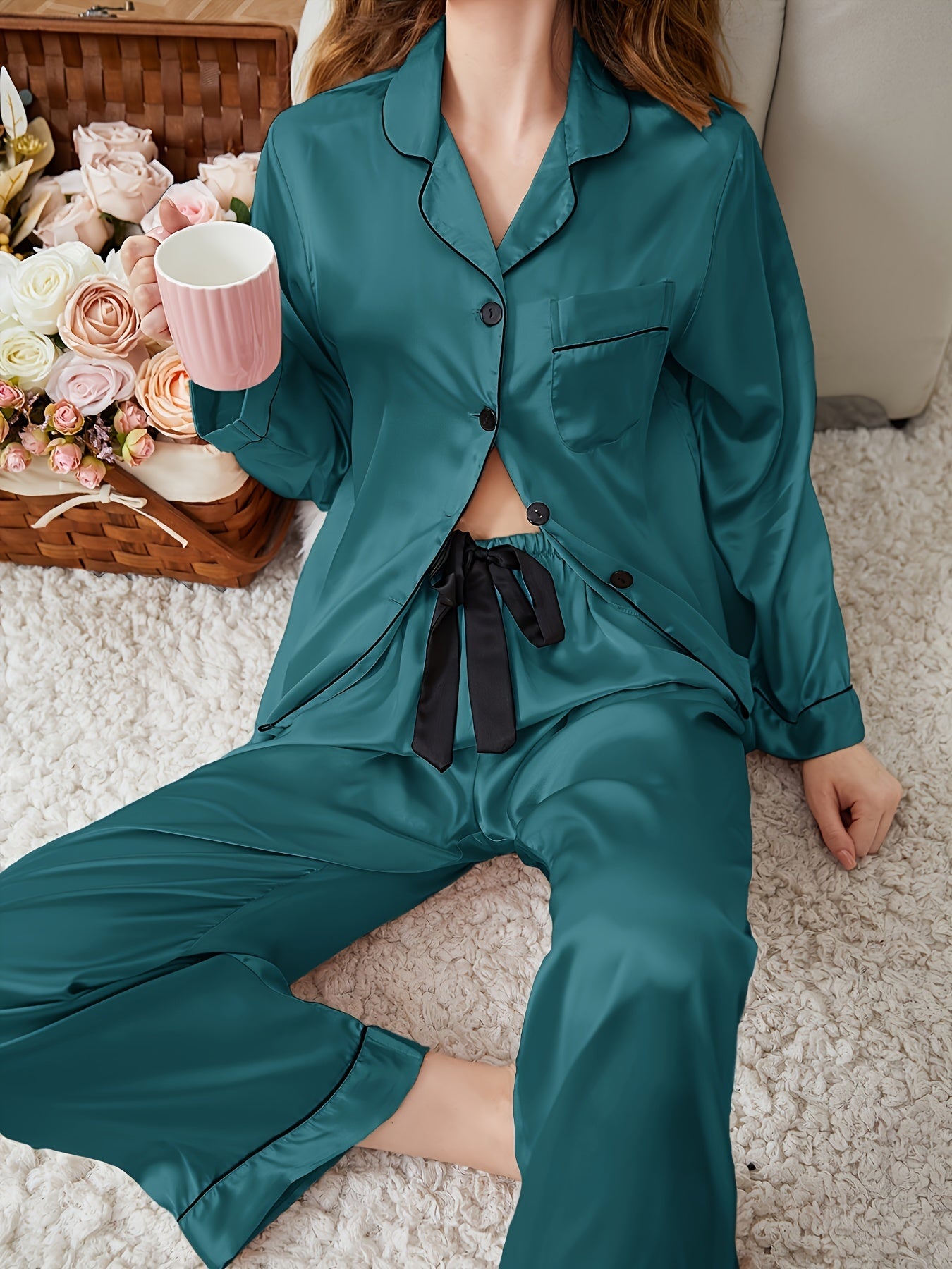 Satin Pajama Top & Pants Set Lightweight Loungewear Sleepwear