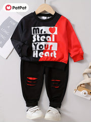 Boy 2pcs Sweatshirt & Pants MR STEAL YOUR HEART Print Crew Neck Long Sleeve Top