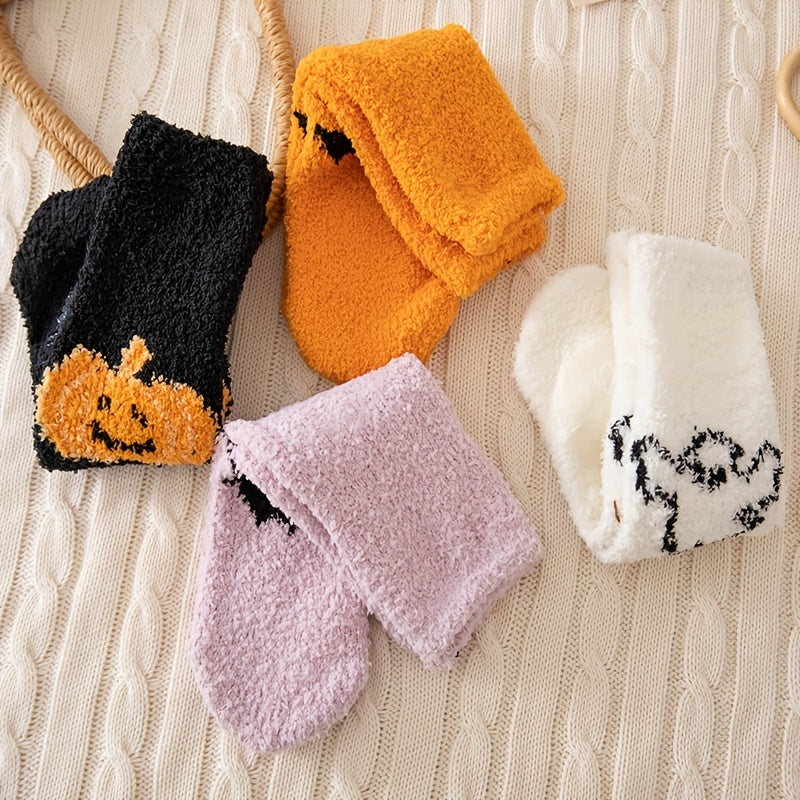 Halloween Pumpkin & Bat Print Socks & Funny Fuzzy Women's Stockings