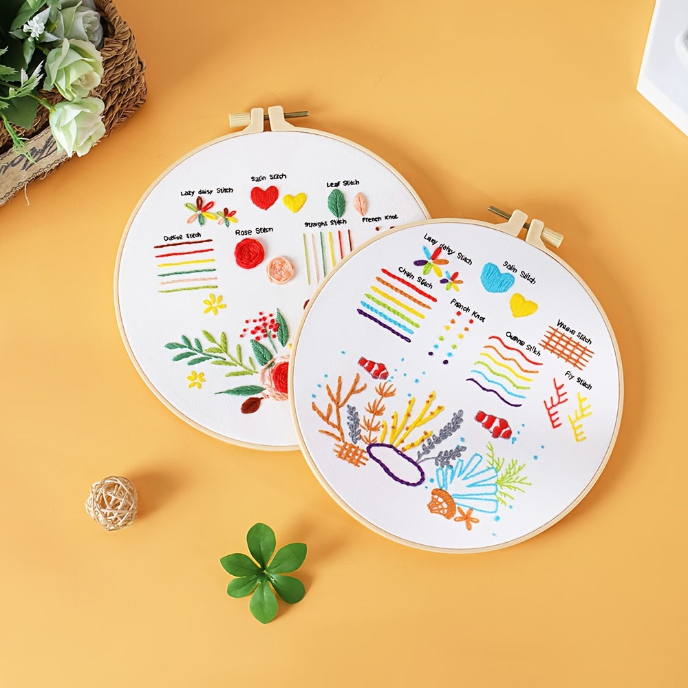 3pcs Embroidery Kit Flower Pattern Material Package 1 Embroidery Hoop 20cm