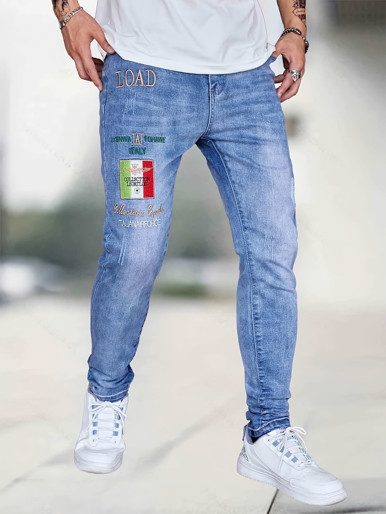 Embroidery Slim Fit Ripped Jeans Men's Casual Street Style Denim Pant