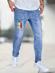 Embroidery Slim Fit Ripped Jeans Men's Casual Street Style Denim Pant