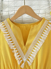 Girls Tassel V-neck Short Sleeve Dress For Party Going Out Beach Holiday