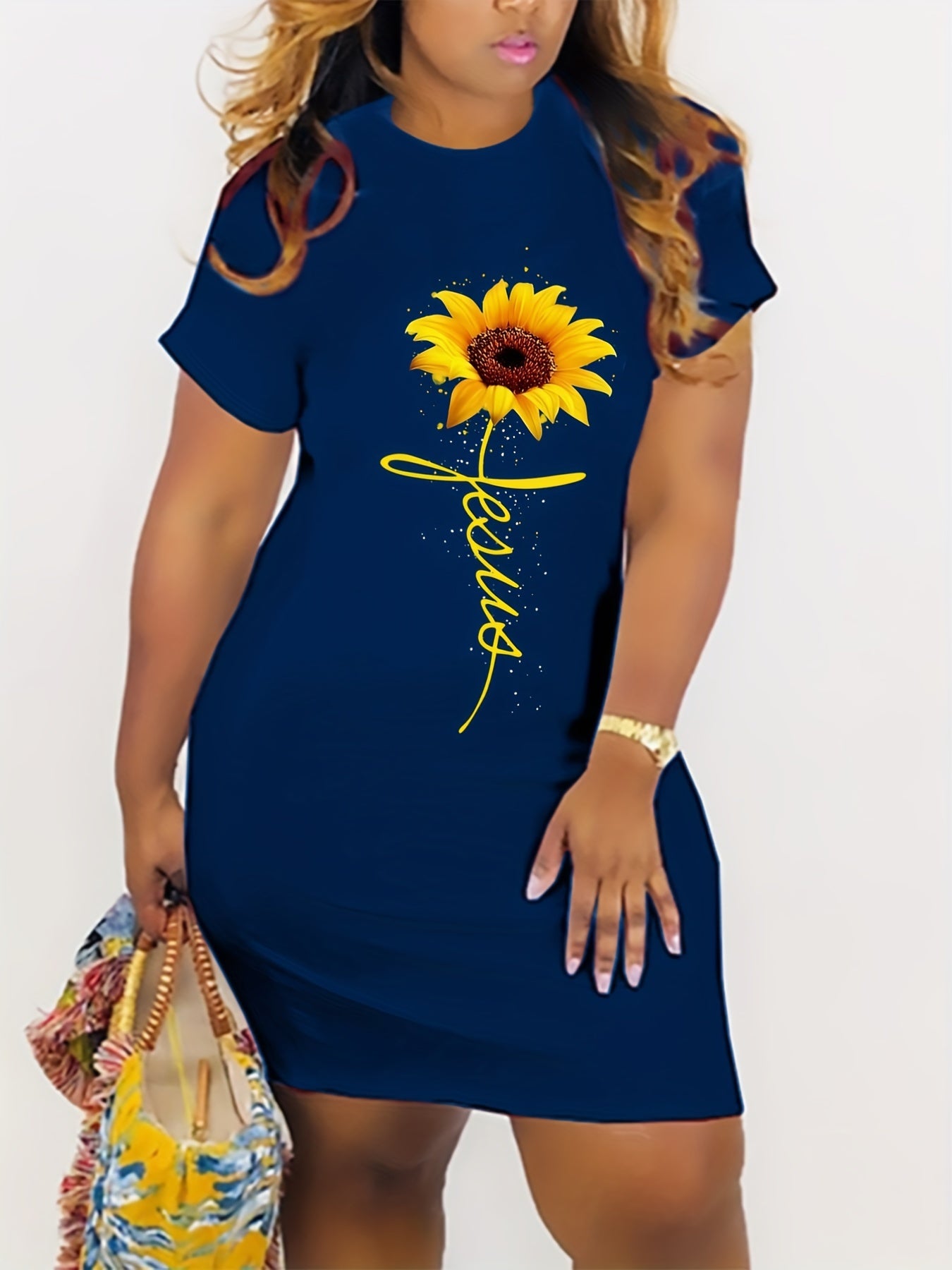 Women's Plus Sunflower & Letter Print Short Sleeve Round Neck Dress