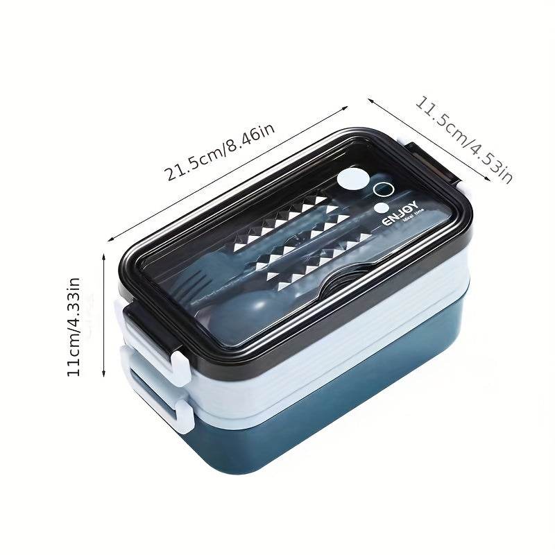Plastic Double Layer Lunch Box with Cutlery - Microwave Safe Bento Box