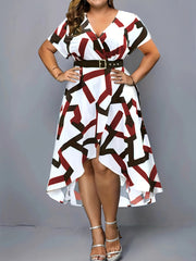 Women's Plus Geometric Print V Neck Wrap Dress With Belt
