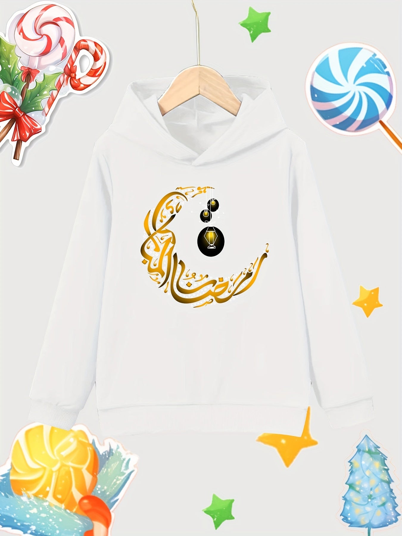 Moon Lantern Print Girls Cotton Pullover Hooded Sweatshirt for Autumn Winter