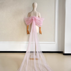 Romantic Pink Wedding Dress Cape w/ Floral Embellishments & Long Train