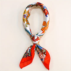 Flower Printed Square Scarf Silk Feeling Neck Scarf