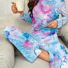Colorblock Print Pajama Set Long Sleeve Crew Neck Top & Elastic Waistband Pants