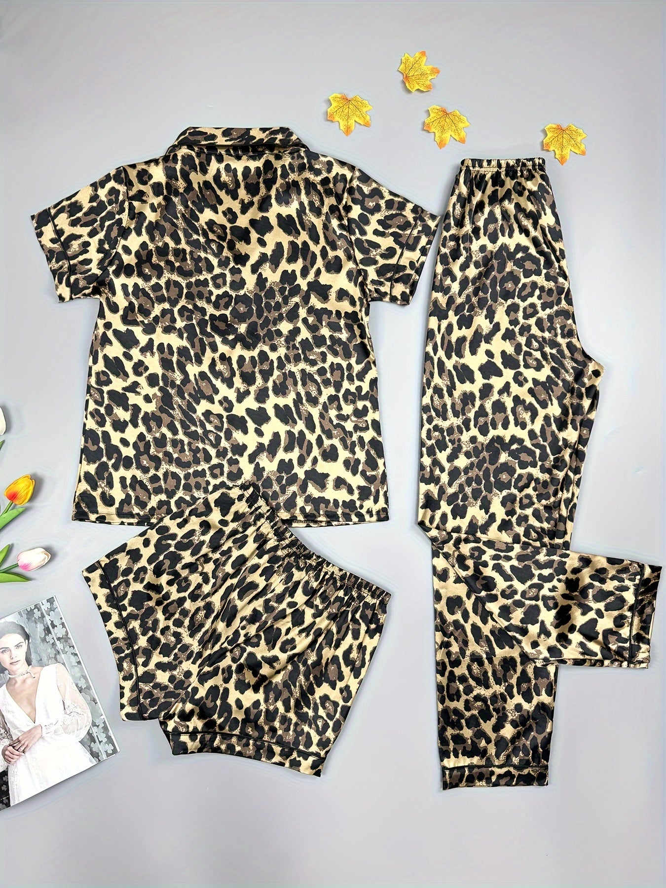 Leopard Print Pajama Set Short Sleeve Top & Shorts & Pants