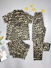 Leopard Print Pajama Set Short Sleeve Top & Shorts & Pants