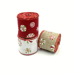 Christmas Ribbons Candy Wired Edge Ribbon Peppermints Pattern DIY Crafts Wreath