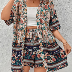 Boho 2 Piece Set: Floral Cover Up & Drawstring Shorts