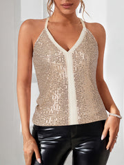Sequined V Neck Cami Top Solid Sleeveless Party Women's Clothing