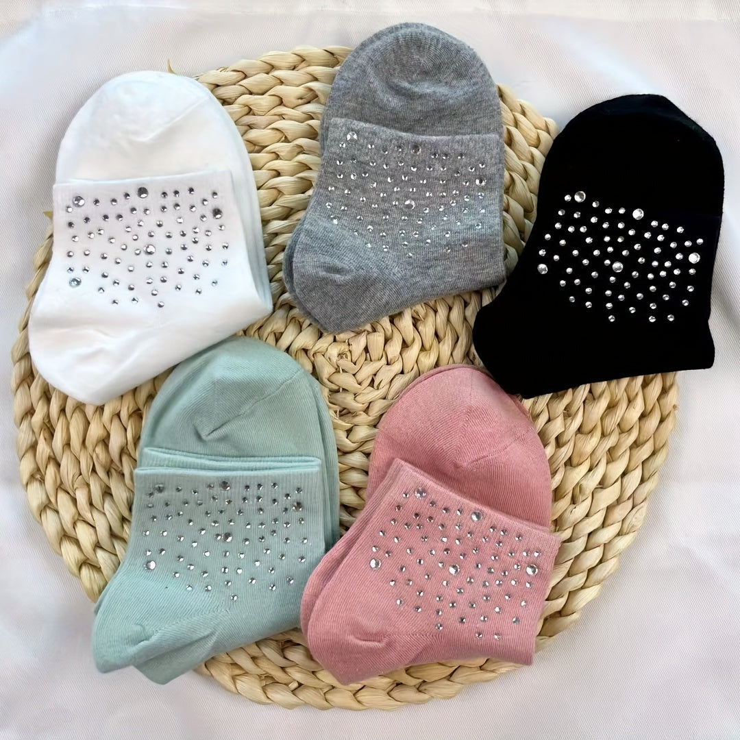 5 Pairs Rhinestone Decor Crew Socks for Women