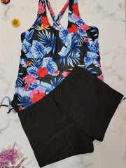 Tropical Print Tankini Set with Drawstring Top & Shorts