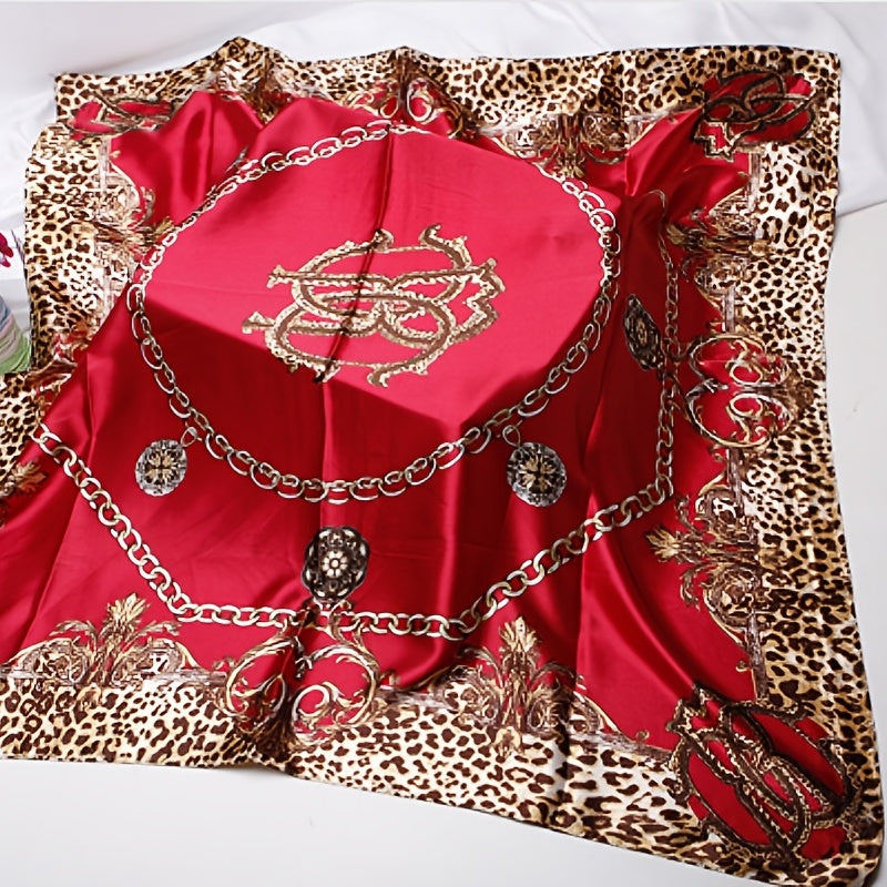 Red Square Scarf Leopard Print Gold Chain Silk Neck Shawl Headwrap