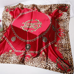 Red Square Scarf Leopard Print Gold Chain Silk Neck Shawl Headwrap