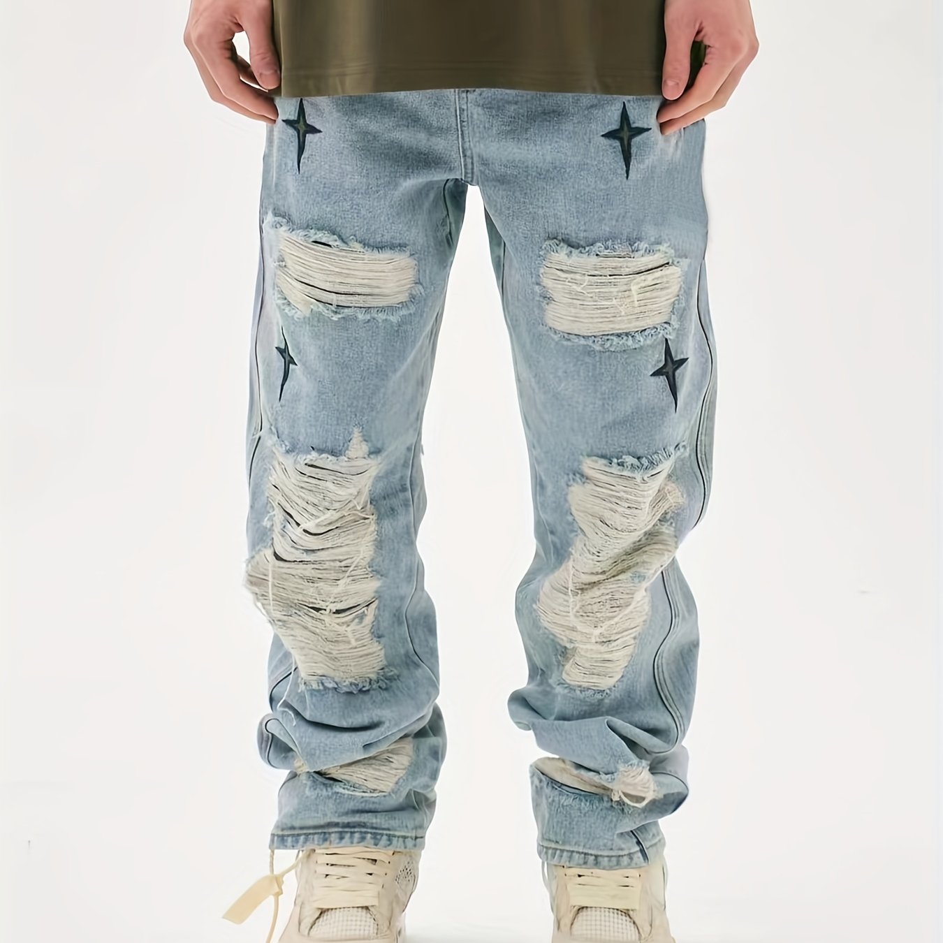 Star Pattern Ripped Jeans Men s Casual Street Style Denim Pants