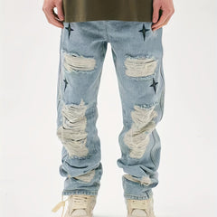 Star Pattern Ripped Jeans Men s Casual Street Style Denim Pants