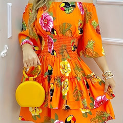 Floral Print Off Shoulder Dress Vacation Layered Dress