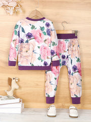 Autumn Vintage Flower Print Set Long Sleeve Sweatshirt Pants For Baby Girls