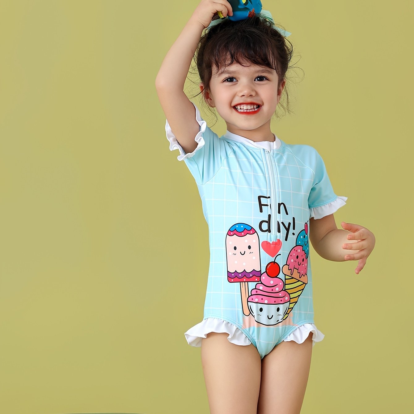 Toddler Girls Splicing Ruffle Trim Cartoon Print Swimwear