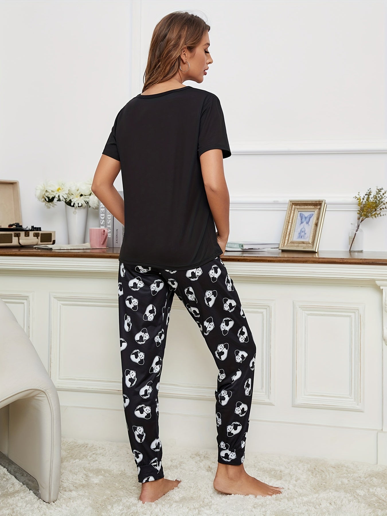 Panda Print Pajama Set Short Sleeve Top & Pants Womens Sleepwear