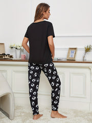 Panda Print Pajama Set Short Sleeve Top & Pants Womens Sleepwear