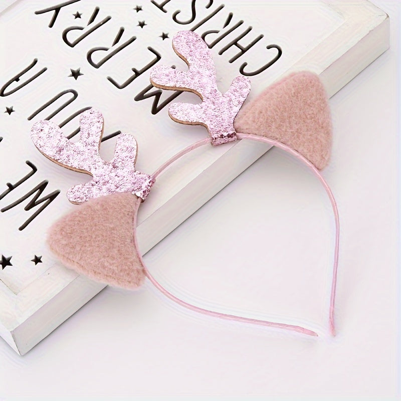 Women's Plush Ears Sequin Antlers Hair Hoop for Christmas Party