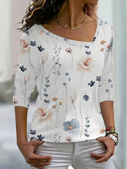 Floral Print Irregular Neck Stretch Blouse