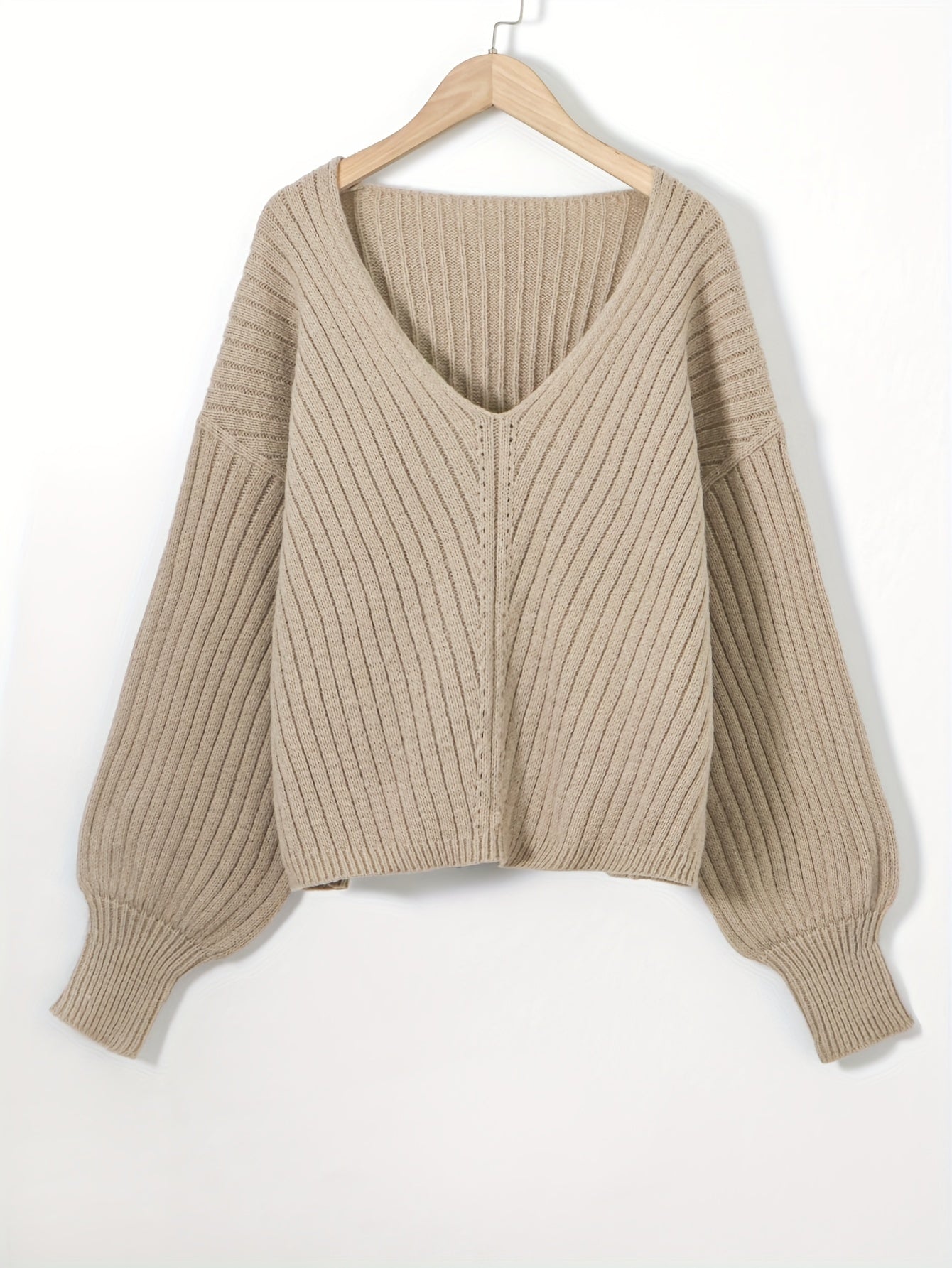 Casual Sweater Women's Plus Ribbed Lantern Sleeve V Neck Jumper