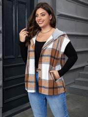 Colorblock Plaid Print Hooded Vest Coat