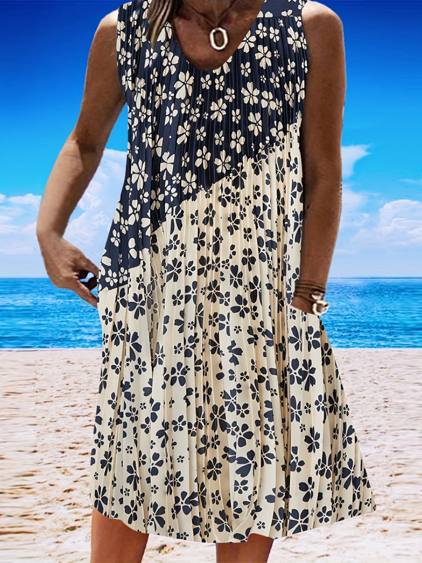 Colorblock Floral Tank Dress with Pockets