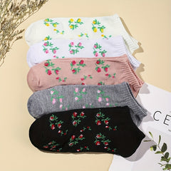 5-Pair Floral Print Socks for Women Soft Lightweight Ankle Stockings