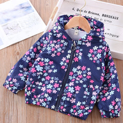 Girls Flowers Print Hooded Zipper Jacket Long Sleeve Top