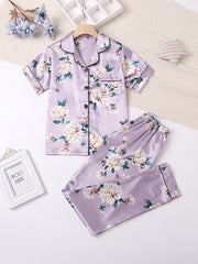 2pcs Girls Pajamas Flowers Print Button Short Sleeve Top & Pants Set