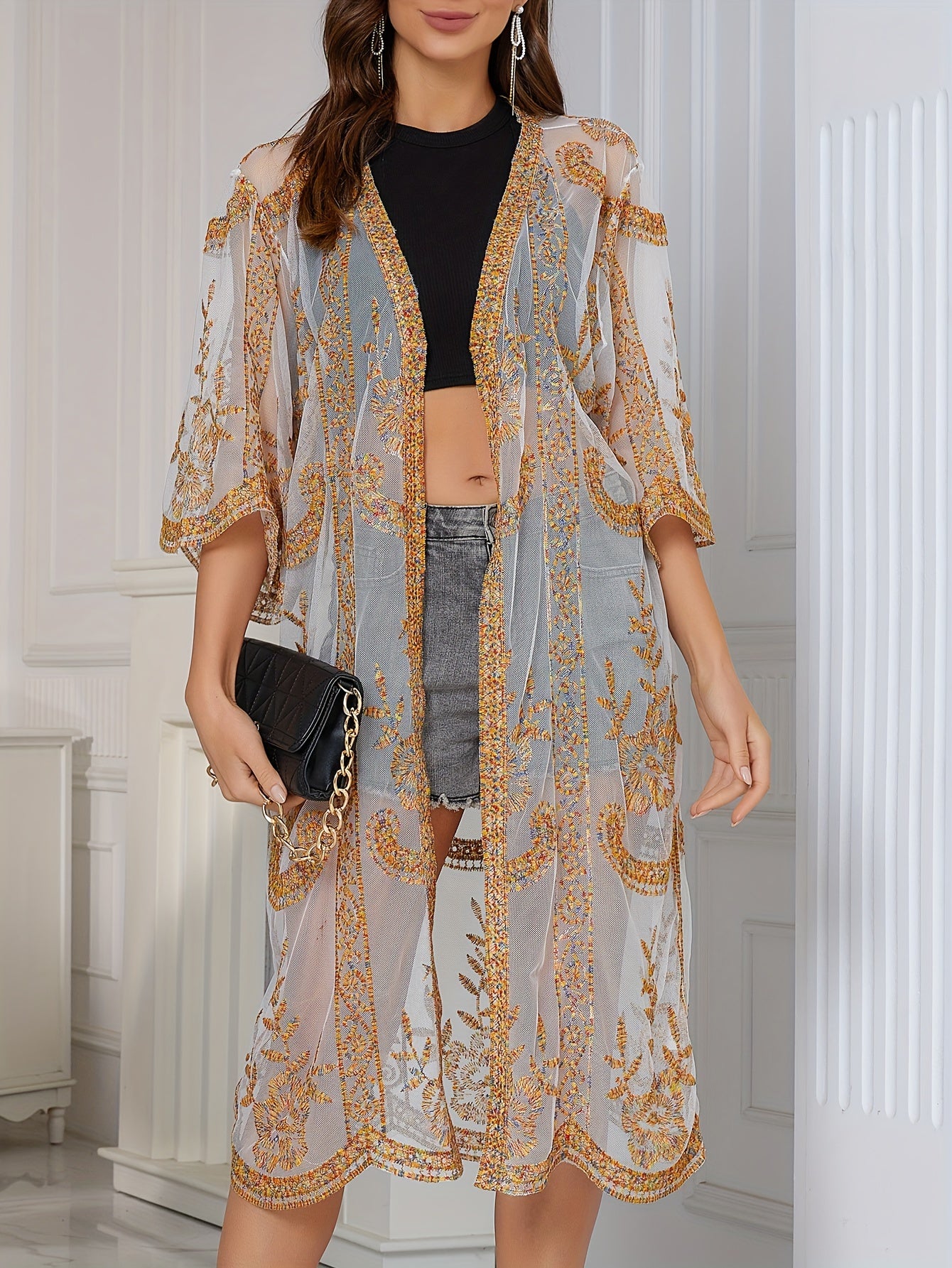 Floral Embroidery Sheer Open Front Cover Up