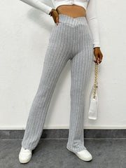 Ribbed Flared Leg Pants High Waist Solid Long Length