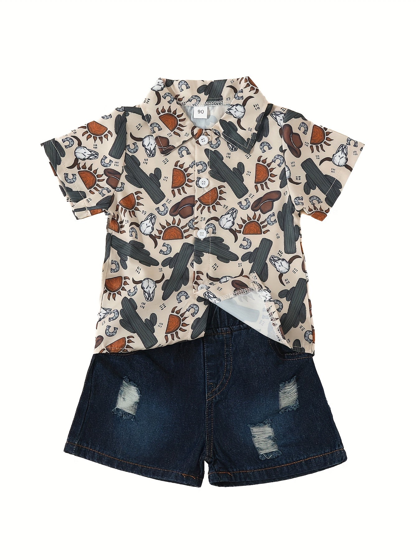 Boys Cactus Graphic Print Shirt & Ripped Denim Shorts Set for Summer