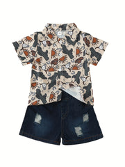 Boys Cactus Graphic Print Shirt & Ripped Denim Shorts Set for Summer