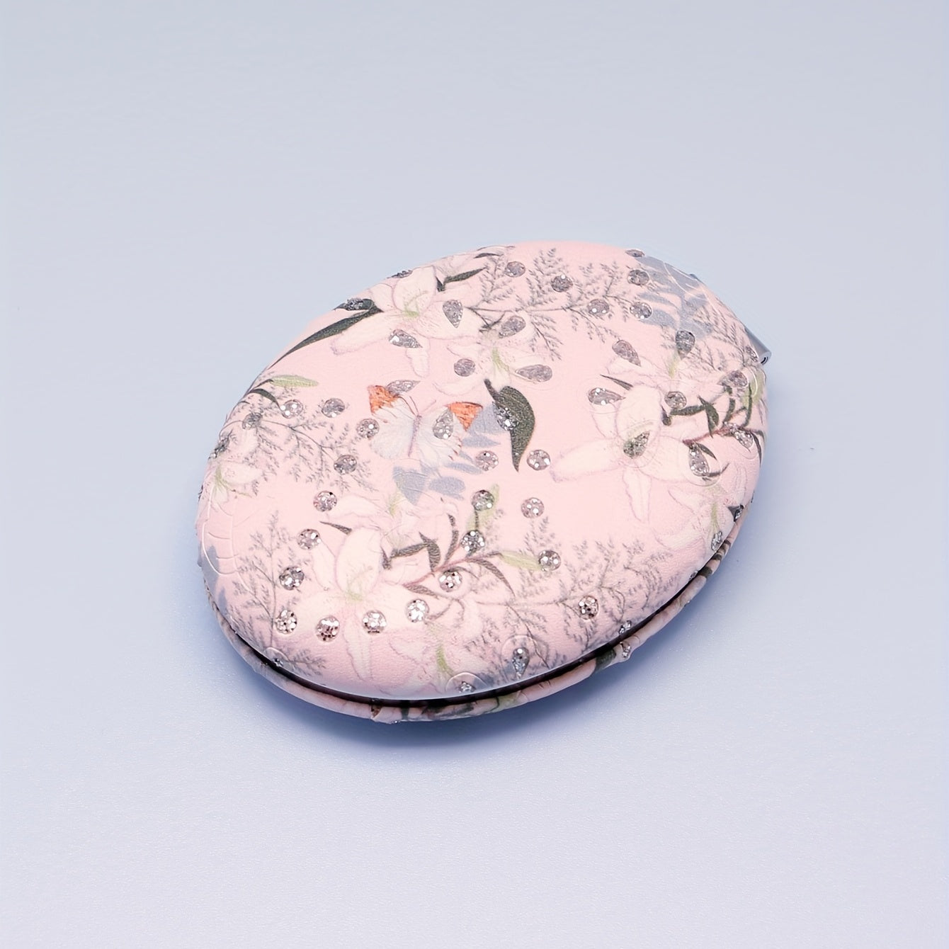 Oval Rhinestone Decor Compact Mirror Double Side Folding Vanity Makeup Mirror