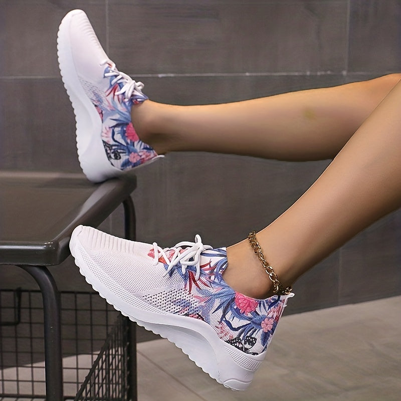 Women's Butterfly & Flower Pattern Sneakers Lace Up Outdoor Shoes