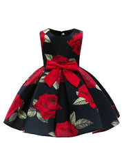 Girls Princess Dress Floral Print Bow Pageant Gown Christmas Birthday Party