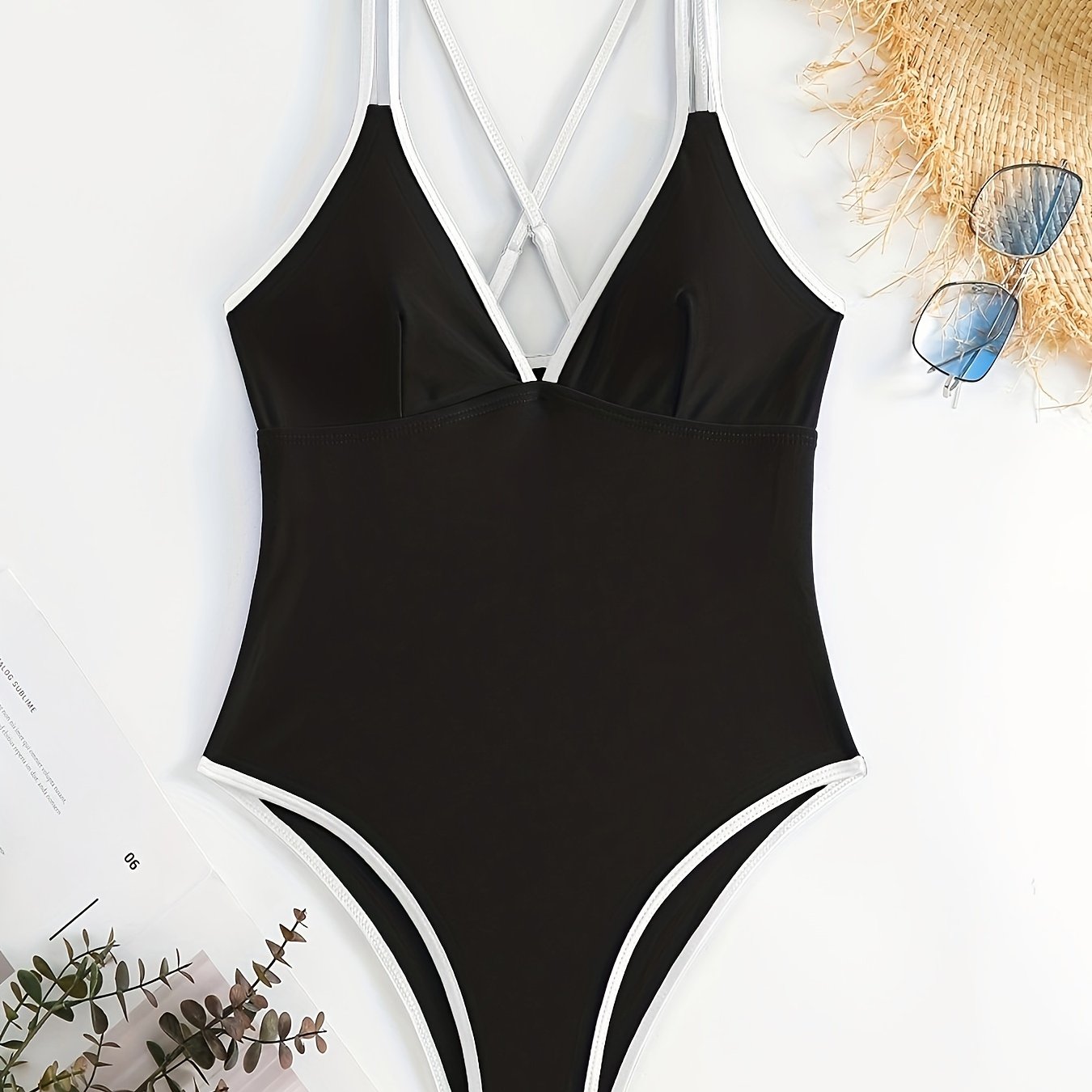 Deep V Neck One Piece Bathing Suit with Cross Back Double Strap