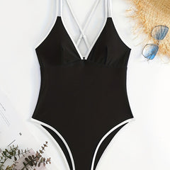 Deep V Neck One Piece Bathing Suit with Cross Back Double Strap