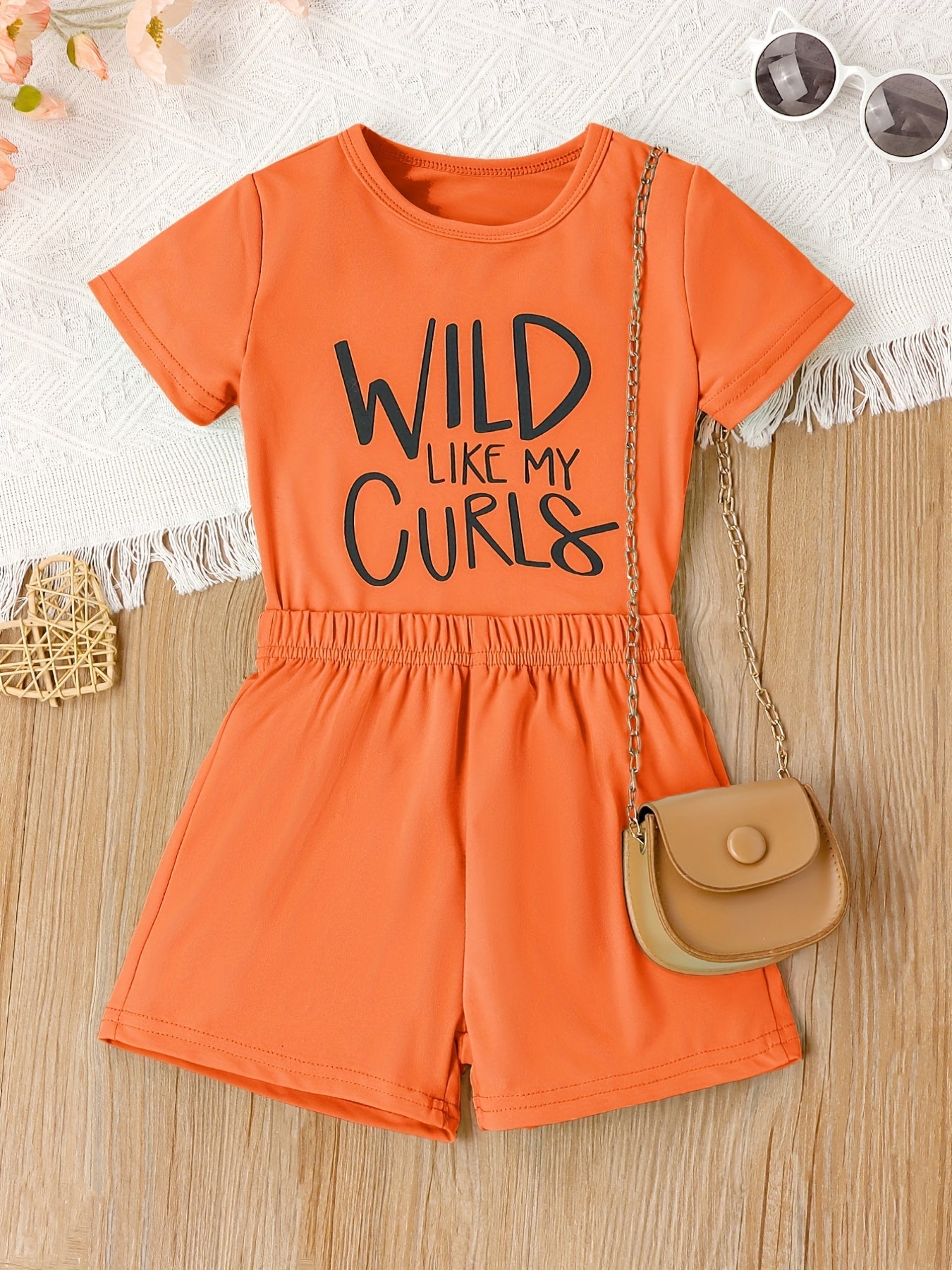 2pcs Girls Casual WILD LIKE MY CURLS Short Sleeve T shirt&Shorts Set