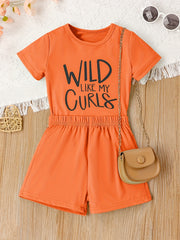 2pcs Girls Casual WILD LIKE MY CURLS Short Sleeve T shirt&Shorts Set